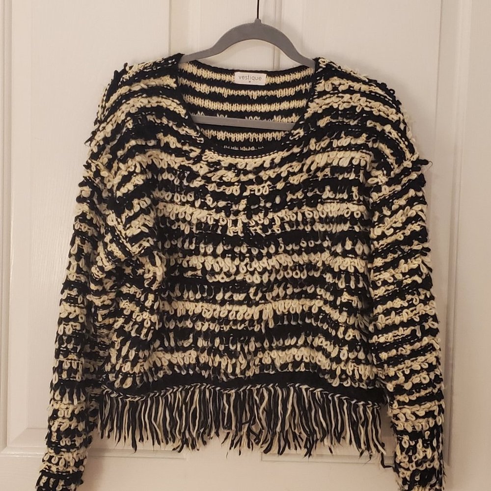 Vestique Black and Off White Textured Fringe Sweater - Size Medium